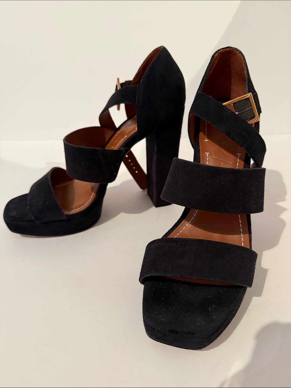 Elizabeth and James Black Suede Platform Block Heel Sandals